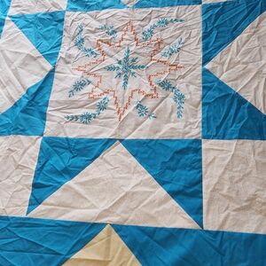 Blue and White Star Patchwork Quilt with Embroidered Center